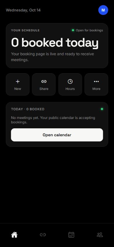HELD Android home screen with booking status, Share and Hours shortcuts